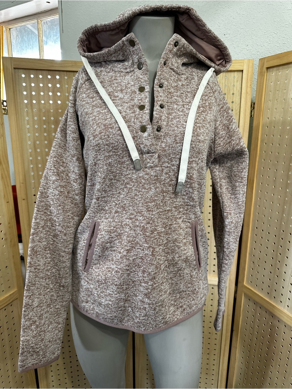 Thread & Supply Marled Light Mauve Hooded Pullover with Button Placket